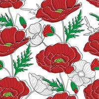 Poppies seamless pattern. Red poppies on white background. Floral print for textile, wallpapers, fabric and wrapping paper. vector