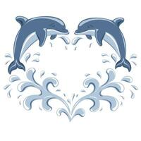 Heart shaped frame with jumping dolphins and water drops vector