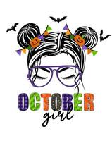 October girl. Hand drawn woman face with spooky pumpkins, bats and doodle text. Happy halloween concept. Holiday design for poster, banner vector