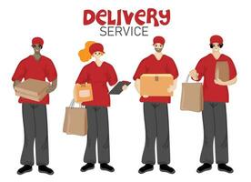 Delivery service. Group of diversity people in red uniform from courier delivery services holding packages and parcels vector