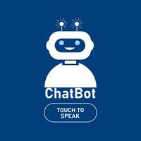 sonriente robot en auricular en azul antecedentes. chatbot logo diseño. virtual inteligente asistente larva del moscardón y cliente Servicio apoyo concepto vector