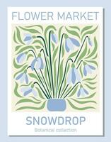 Trendy botanical wall art of snowdrop. Flower market poster concept template perfect for postcards, wall art, banner vector