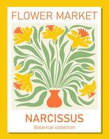 Trendy botanical wall art of narcissus. Flower market poster concept template perfect for postcards, wall art, banner vector