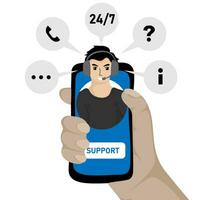 Human hand holding mobile phone with Customer support operator on screen. Concept of support, call center, hotline vector