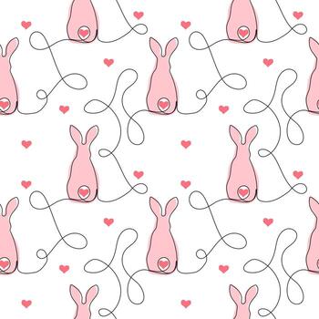 Seamless pattern with funny bunnies and hearts. Continuous one line drawing vector