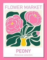 Trendy botanical wall art of peony. Flower market poster concept template perfect for postcards, wall art, banner vector