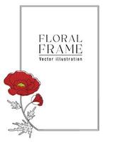 Romantic vertical rectangle frame with red poppies. Floral design for labels, branding business identity, wedding invitation. vector