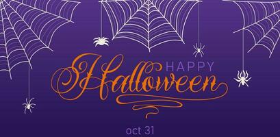 Happy Halloween banner or party invitation background. Holiday design with spider and spider web vector