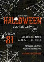 Halloween cocktail party invitation with spiders and spider webs on dark background vector