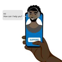 Human hand holding mobile phone with Customer support operator on screen. Concept of support, call center. vector