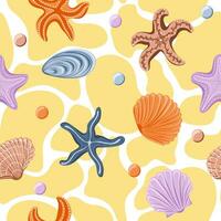 Seamless pattern with different sea shells and starfish. Marine dwellers vector