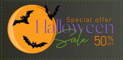 Halloween sale banner. Holiday design with scary flying bats and moon for offer, coupon, banner, voucher or promotional poster vector