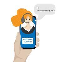 Human hand holding mobile phone with Customer support operator on screen. Concept of support, call center. vector