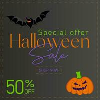 Halloween sale banner. Holiday design with scary pumpkin and flying bat vector