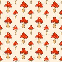 Retro 70s 60s 80s Hippie Groovy mushrooms fly agarics psychedelic seamless pattern. Vector illustration. Boho style.