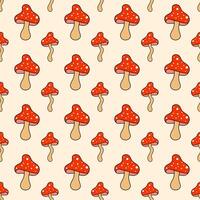 Retro 70s 60s 80s Hippie Groovy mushrooms fly agarics psychedelic seamless pattern. Vector illustration. Boho style.