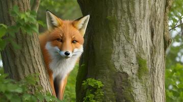 A Curious Fox Peering from Behind the Veil of Nature's Sanctuary. AI Generated photo