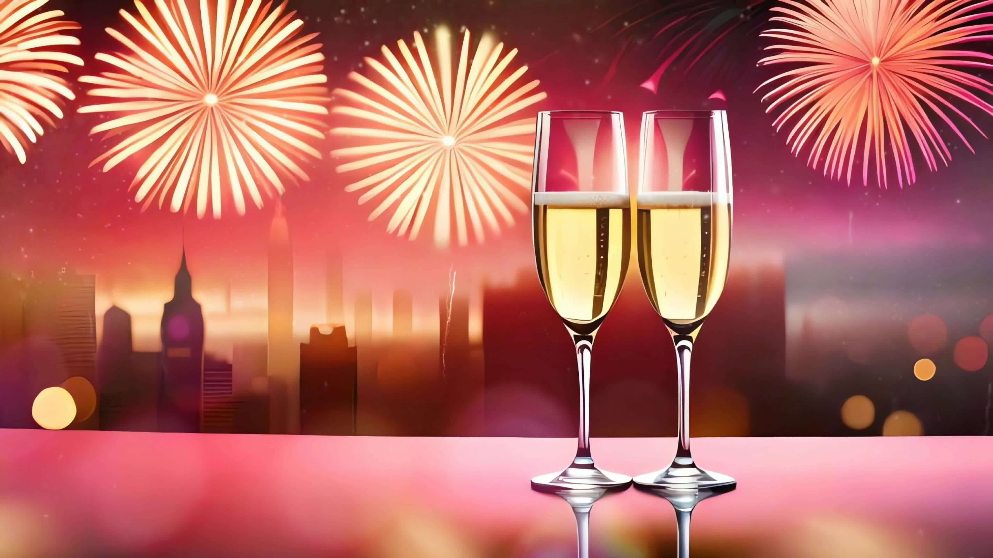 Premium AI Image  Two Champagne Glasses On Background Of Fireworks In  Pastel Colors With Empty Space New Year's Eve Celebration Generative AI