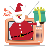 Papa Noel cláusula con regalos y decir alegre Navidad desde televisión radiodifusión plano diseño ilustración. alegre Navidad y contento nuevo año saludo tarjeta modelo. png