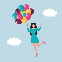 Happy young woman with bunch of colorful air balloons flying in the sky. Celebration, holiday, birthday, party, dreaming concept. vector