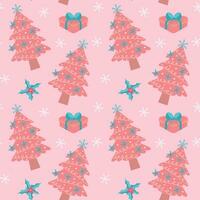 Pink christmas tree, gift, holly berry leaves and snowflakes seamless pattern. Winter holidays glamour decorative wrapping paper. vector