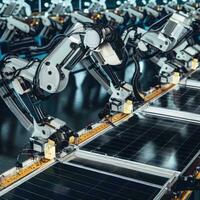 Industrial robot arms are producing solar panels in large factories. photo