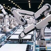 Industrial robot arms are producing solar panels in large factories. photo