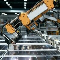 Industrial robot arms are producing solar panels in large factories. photo