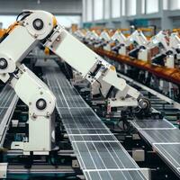 Industrial robot arms are producing solar panels in large factories. photo