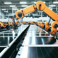 Industrial robot arms are producing solar panels in large factories. photo