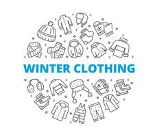 Set Icons Winter Clothing. Circular composition. Contains such symbols as Sweater, Boots, Scarf, Coat, Jacket and more. vector