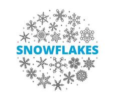 Snowflake line icons. Collection of winter symbols in circular composition. Vector illustration.