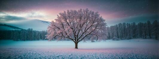hermosa árbol en invierno paisaje en tarde noche en nevada. ai generado foto