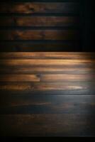 Wooden table with dark blurred background.. AI generated photo