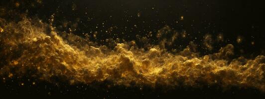 Abstract magic gold dust background over black. Beautiful golden art widescreen background. AI generated photo