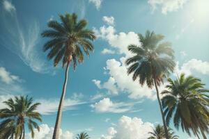 Blue sky and palm trees view from below, vintage style, tropical beach and summer background, travel concept. AI generated photo