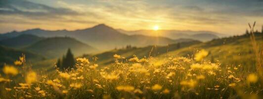 hermosa amanecer en el montaña, prado paisaje refresco con rayo de sol y dorado bokeh.. ai generado foto