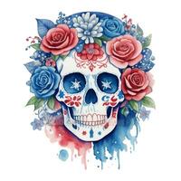 graphic of a catrina skull in the colors of the American flag on a white background photo