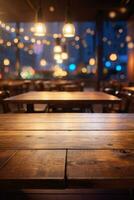 Empty wooden table top with lights bokeh on blur restaurant background.. AI generated photo