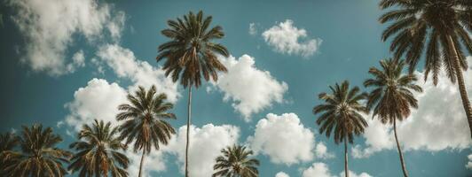 Blue sky and palm trees view from below, vintage style, tropical beach and summer background, travel concept. AI generated photo