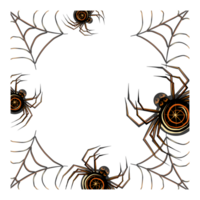 Halloween frame made of webs and large and small  black spiders sitting on it. png