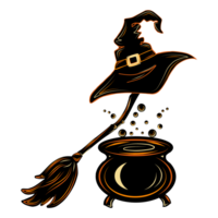 Witch's hat, broomstick and potion cauldron black. png