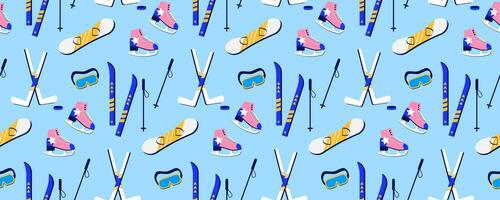 Winter pattern on the theme of winter sports in a flat retro style. Seamless background with skis, skates, snowboard and other elements. vector