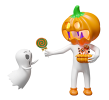 3d halloween holiday party with pumpkin head man gives sweet lollipop to cute ghost isolated. 3d render illustration png