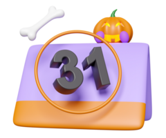 Halloween date with calendar, pumpkin lantern, skeleton isolated. 3d render illustration png