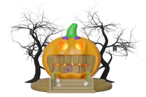 3d halloween holiday party with pumpkin house, skull on the stairs, tree, bats isolated. 3d render illustration png