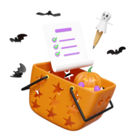 3d happy halloween party with pumpkin head in shopping basket, checklist, bat, pencil cute ghost isolated. 3d render illustration png