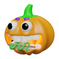 3d Víspera de Todos los Santos fiesta fiesta con calabaza cabeza come gusano dulce, brocheta, blanco dientes, Cejas aislado. 3d hacer ilustración png