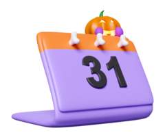 Halloween date with calendar, pumpkin lantern, skeleton isolated. 3d render illustration png