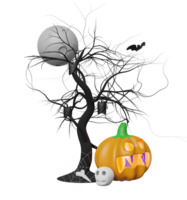 3d happy halloween party with full moon, bats, pumpkin head, tree, skull  isolated. 3d render illustration png